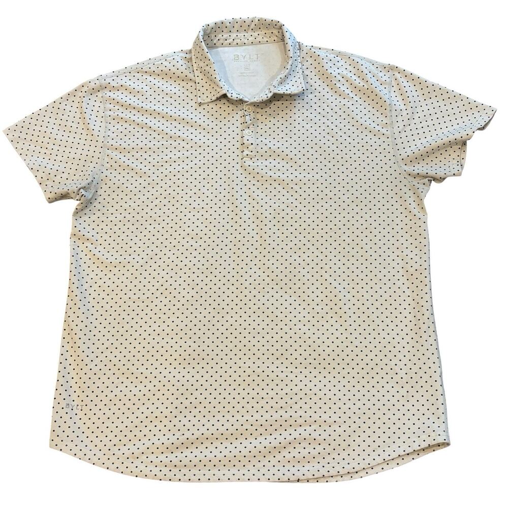 BYLT Drop Cut Lux Polo Men’s XXL Cream Navy Polka Dot Short Sleeve Cotton Blend